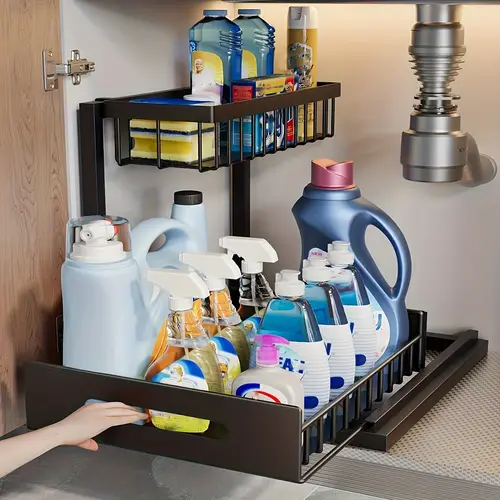 heavy duty metal under cabinet organizer with sliding tier shelves black freestanding storage for kitchen bathroom laundry saving under sink organization 1pack 2pack