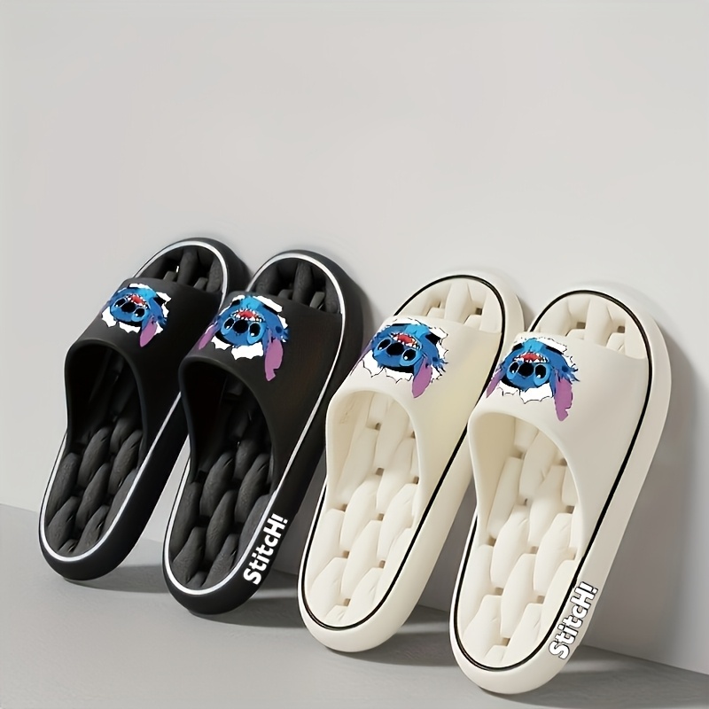 Disney Stitch Women's Soft EVA Slip-On Slippers - Non-Slip Ventilated Shower Design, All-Season Indoor/Outdoor House Shoes with Cute Cartoon Pattern, Black & Pink Options, Hand Washable, Indoor Footwear, Slipon Style, Durable Footwear