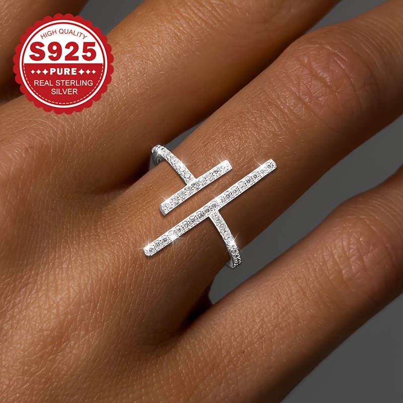 Image of 1pc Women's Fashion Ring, S925 Sterling Silvery Minimalist Geometric Line Open Adjustable Ring With Synthetic Synthetic Zirconia, Hypoallergenic Surprise Gift For And