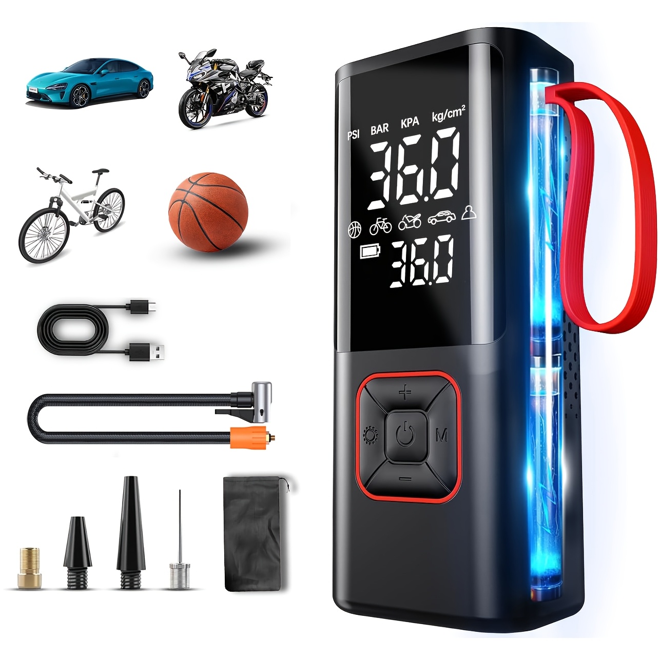 TEMU Gonfleur de pneus Compresseur d'air portable, Pompe à air rechargeable pour pneus de , Gonfleur de pneus portable 150PSI pour , Pompe à pneus de