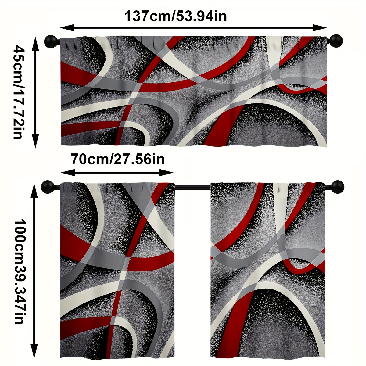 TEMU 3pcs/set Kitchen Curtain Sets, Modern Fashion Gray Red Circular Geometric Pattern Print Curtain Set, Rod Pocket Valance Curtain Tier, Window For