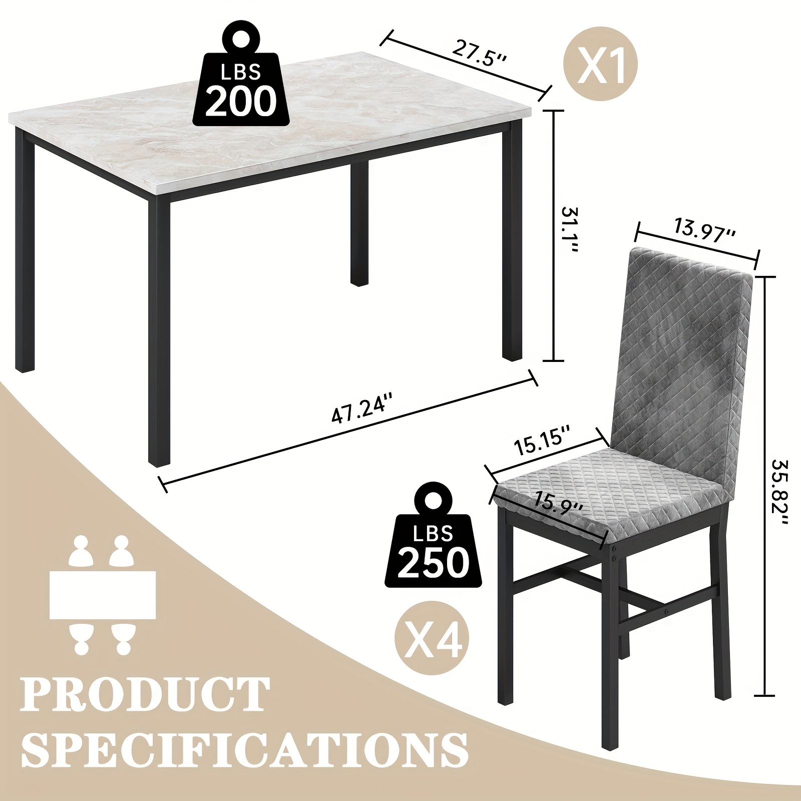 Dining Table Set For 4, Faux Marble Small Dining Room Table Set For 4, Modern Upholstered PU Leather Chairs