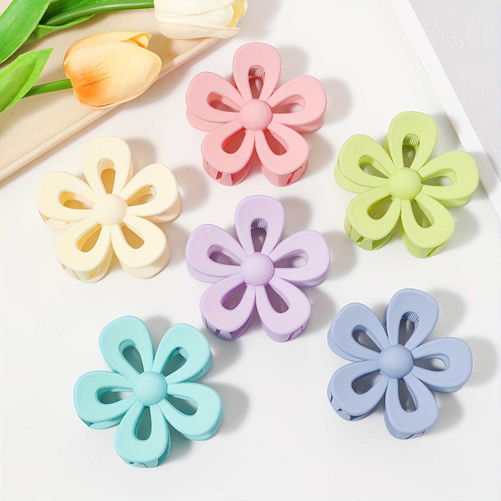 

6pcs Elegant Hollow Out Flower Shaped Hair Grab Clips Trendy Candy Color Non Slip Ponytail Holders For Women And Daily Use Wear