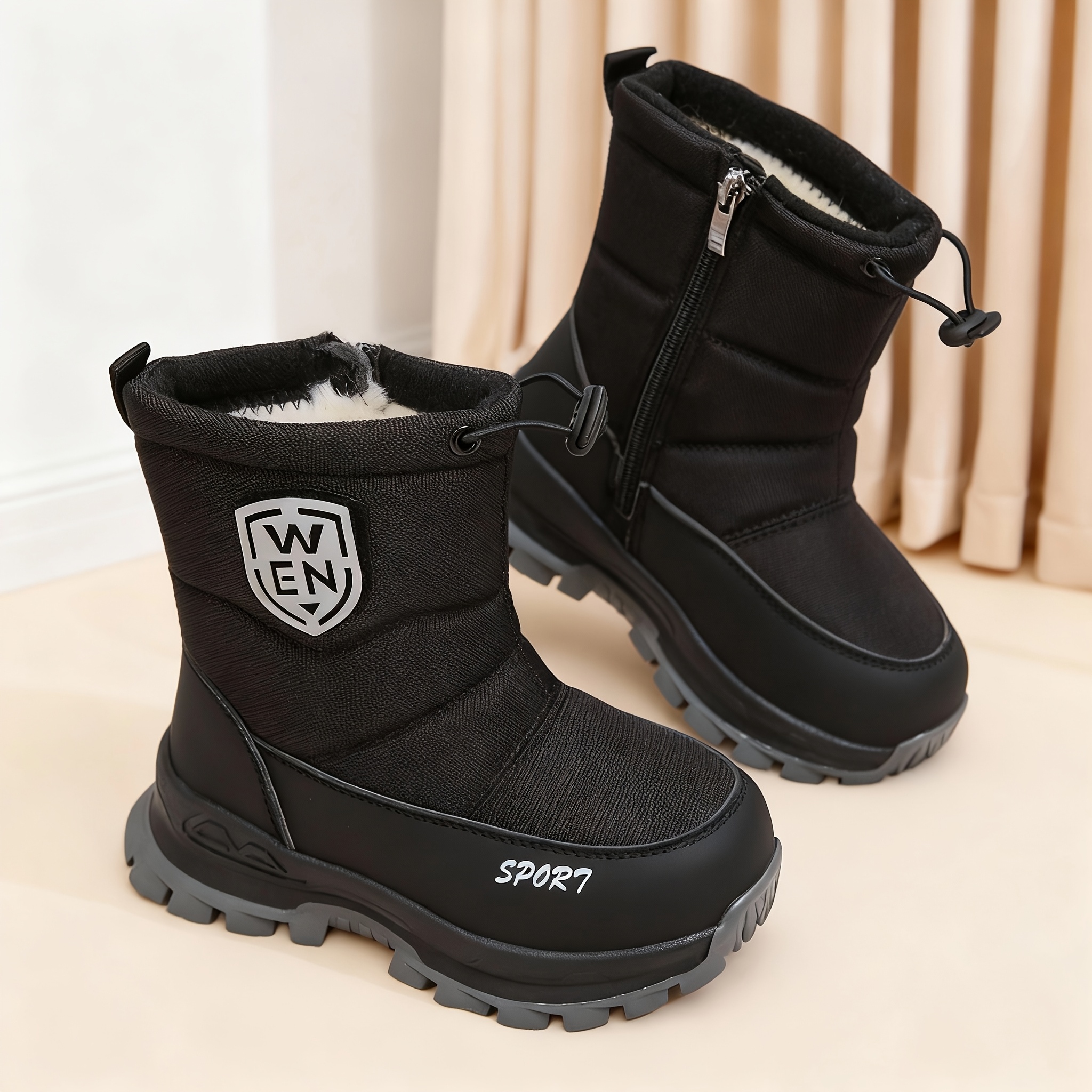 Image of 1 Pair Kids' Snow Boots With Fleece Lining, Nylon Upper, Anti-slip Thick Sole, Round Toe, Zip And Drawstring Closure For Outdoor Winter Wear