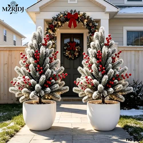 item picture 2pcs extra large realistic cedar christmas trees with red ornaments outdoor indoor shrubs with base suitable for gardens courtyards doorways artificial trees enhancing garden aesthetics and holiday decor artificial plants artificial trees
