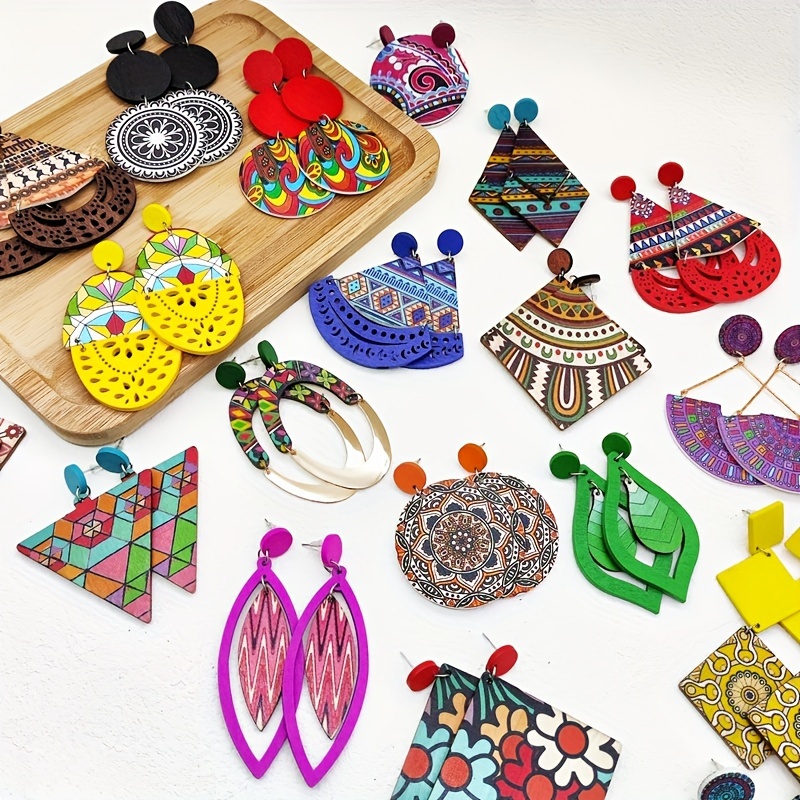 10 retro bohemian ethnic style colorful print wooden earrings fashion personal water drop geometry pendant womens earrings details 11