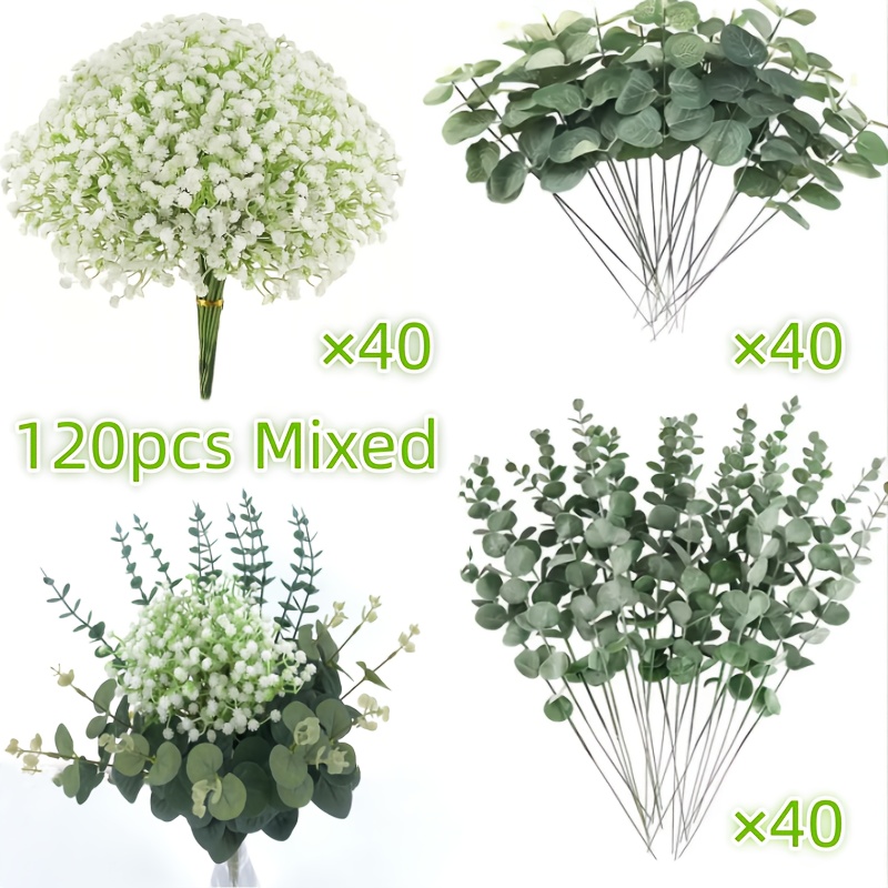 30pcs, 40pcs, 45pcs, 90pcs, 120pcs artificial flowers, simulated eucalyptus leaves, fake starry sky, Silvery dollar eucalyptus branches set, wedding vase flower arrangement for home decoration