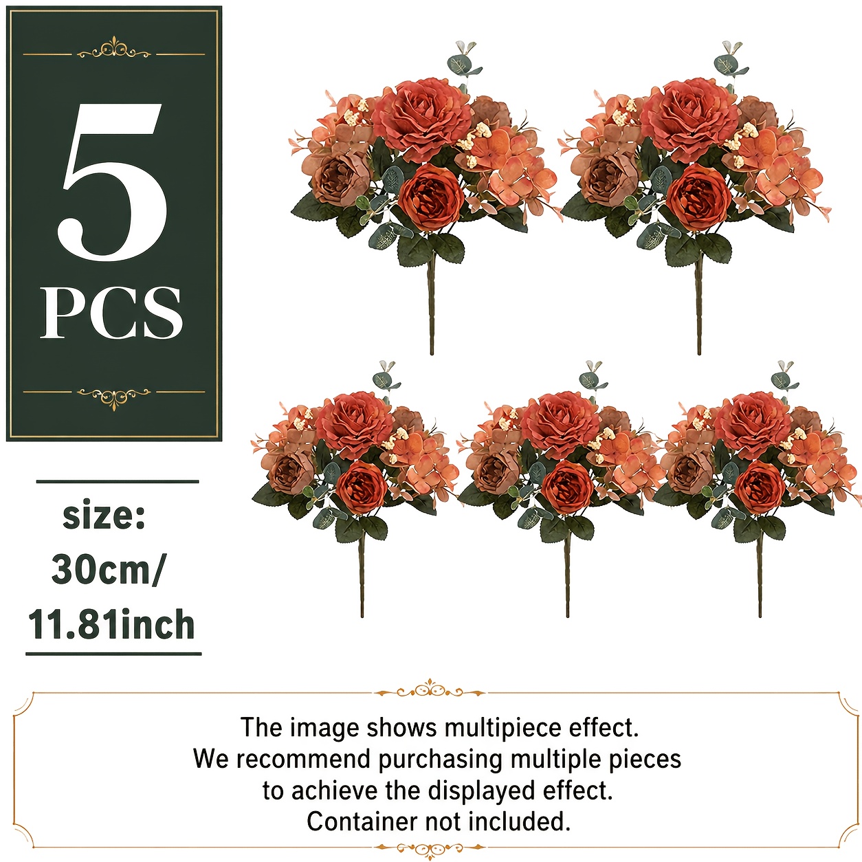 TEMU 5pcs Caramel Brown Artificial Bouquet, Autumn Warm- Faux Floral Arrangement, With Orange Small Flowers, Suitable For Thanksgiving Room Dining