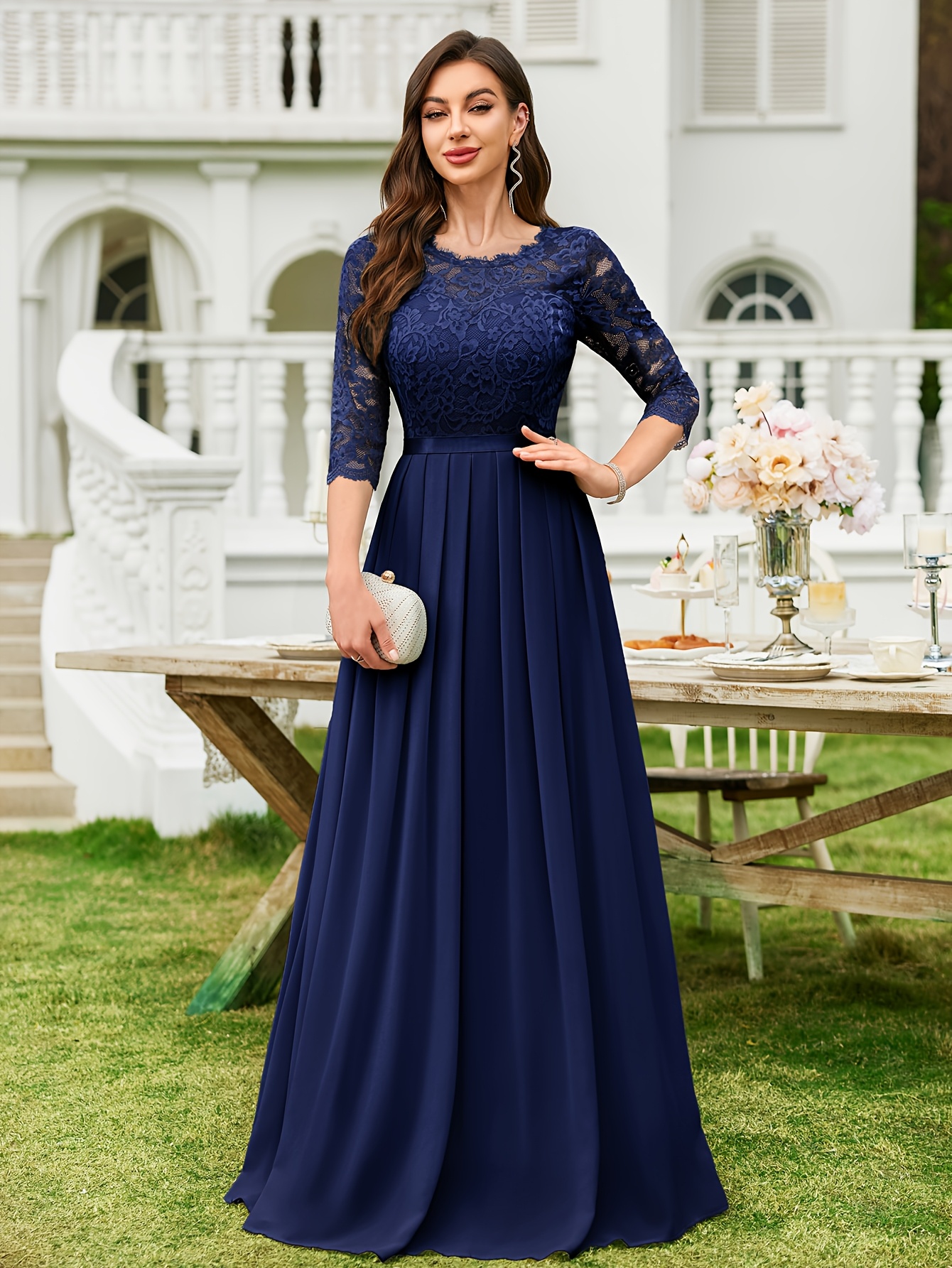 slim fit dress slacks Zapaka Women Blue Flower Long Bridesmaid Dress Printed A Line Lace Up Back Wedding Guest Dress with Straps Bows, Blue Flower / AU6 main image 1