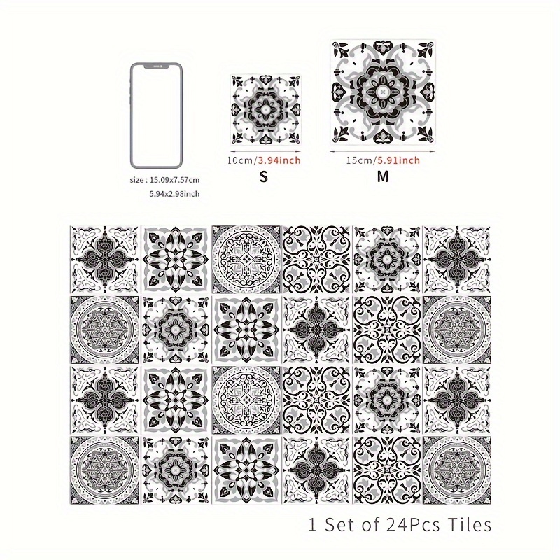 24pcs/set, Black And White Retro Pattern Self-adhesive Tile Stickers, Kitchen Waterproof And Oil-proof Wall Stickers
