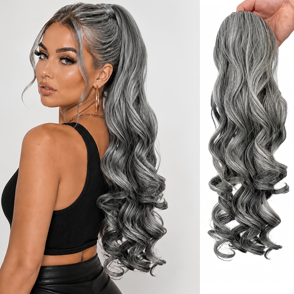 TEMU Thickened Salt And Pepper Ash French Loose Wave Ponytail, Bouncy Fluffy Curly Ponytail Hair Extensions, Hair Pieces For Halloween, Christmas,