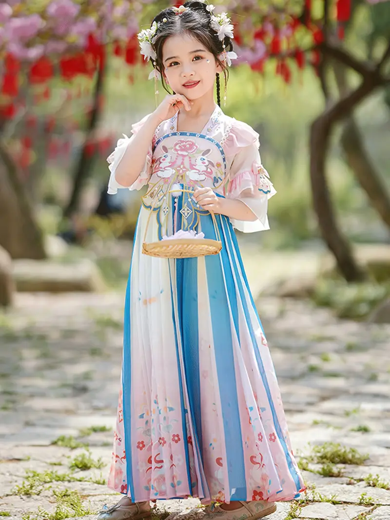 ancient chinese princess dress Trumpet Sleeve Floral Embroidery Girl's Han Chinese Costume Princess Dress Green / 15