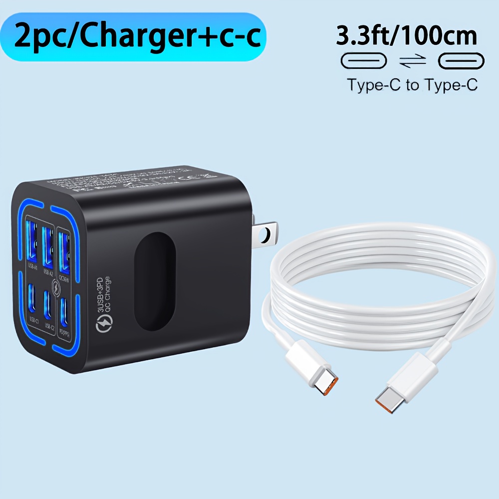 TEMU 6in 1 Usb-c Fast Charger With 3.28ft Cable, Type-c Fast Charging Kit, 3 Usb + 3 Type-c Phone - For Iphone And - Versatile Travel Charging Block
