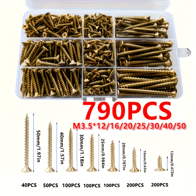Image of 790pcs Self-tapping Screw Combination Kit, Countersunk Wood Screw Combination Set, Size M3.5*12/16/20/25/30/40/50 Screws, Suitable For Fiberboard And Wood