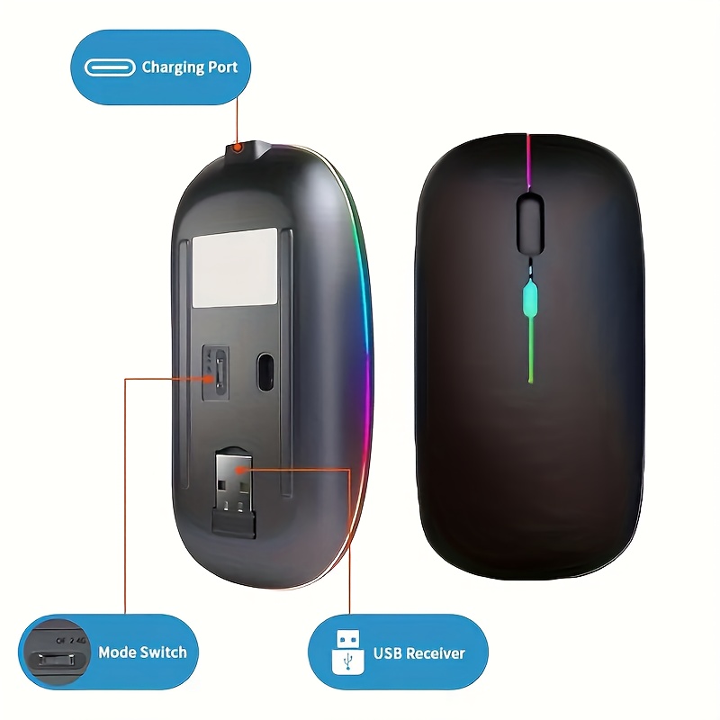 Souris sans fil rechargeable avec lumière LED, mode double BT et souris USB 2.4G pour le jeu, le portable, le tablette, le MacBook - Design noir élégant, forme ergonomique, plastique durable, chargement USB, chargeur non inclus, souris pour portable, accessoire pour tablette, accessoire moderne, surface lisse, souris sans fil pour portable, souris sans fil rechargeable, souris sans fil, souris ergonomique, souris de jeu, accessoire pour portable, souris ergonomique