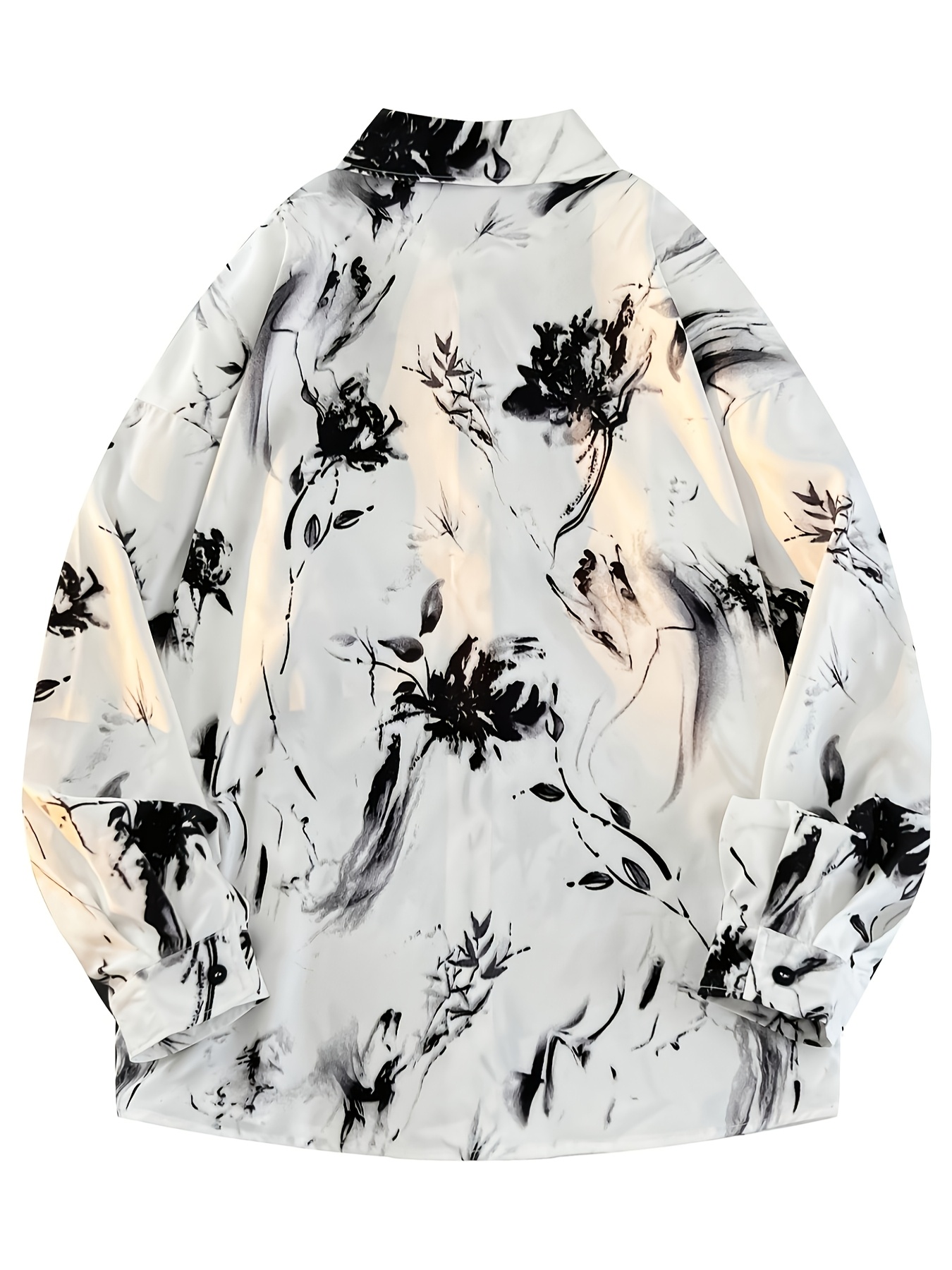 Men's Artistic Long Sleeve Chinese Style Shirt with Water Ink Print – Loose Fit, Square Collar, Polyester Blend, Black & White Mountain Water Design, Traditional Tang Suit for Spring/Fall
