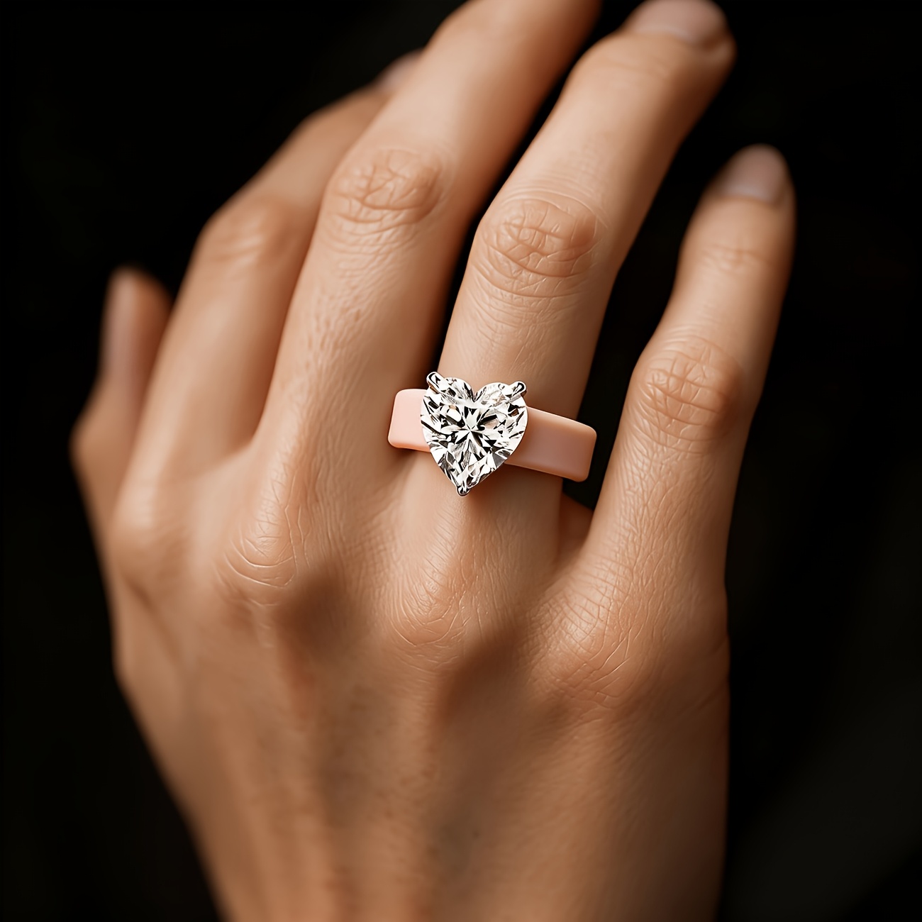 14K Gold-plated Khaki Silicone Ring with Heart-shaped CZ