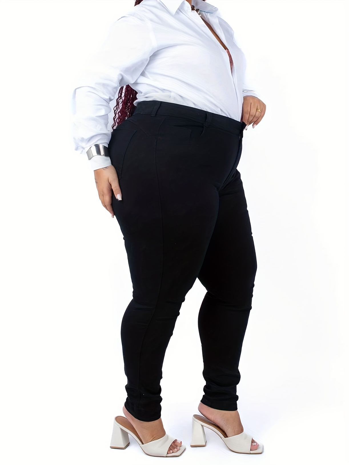 Women's Plus Size High-Waisted Skinny Jeans - Wide-Leg Tummy Control Stretch Denim Pants with Beltless Button Closure, H-Line Silhouette (Curvy-Friendly) - Machine Washable All-Season Casual & Formal Wear (Plus 5XL Max Size Available)