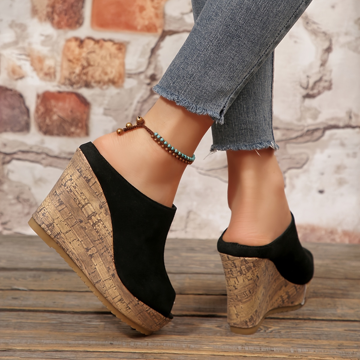 TEMU European And Spicy Wood Grain Half-strap Women's Sandals, Plus Size Wedge Heel Platform High Quality Ankle Boots, Summer Outdoor Platform