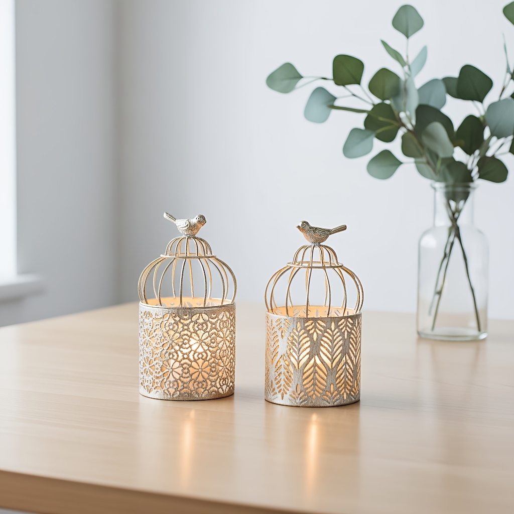 TEMU 2pcs Distressed Golden Birdcage Candle Lantern Set - Ornate Metal Cutout Design For Farmhouse, Boho & Tabletop Decor (candles Not Included)