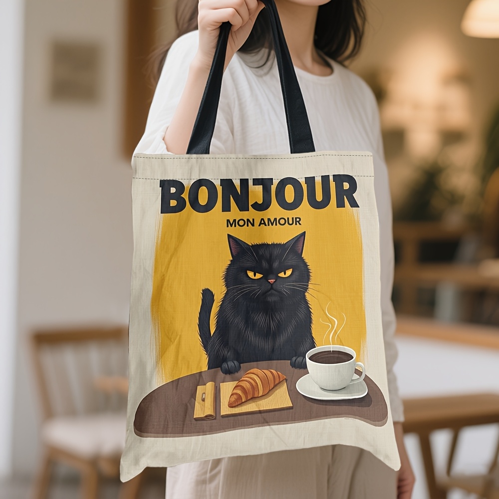 TEMU 1pc Double-sided Printed Tote Bag - Sturdy And Durable Material, Stylish Black Cat Breakfast Tote Bag, Spacious Reusable Shopping Bag With " Mon