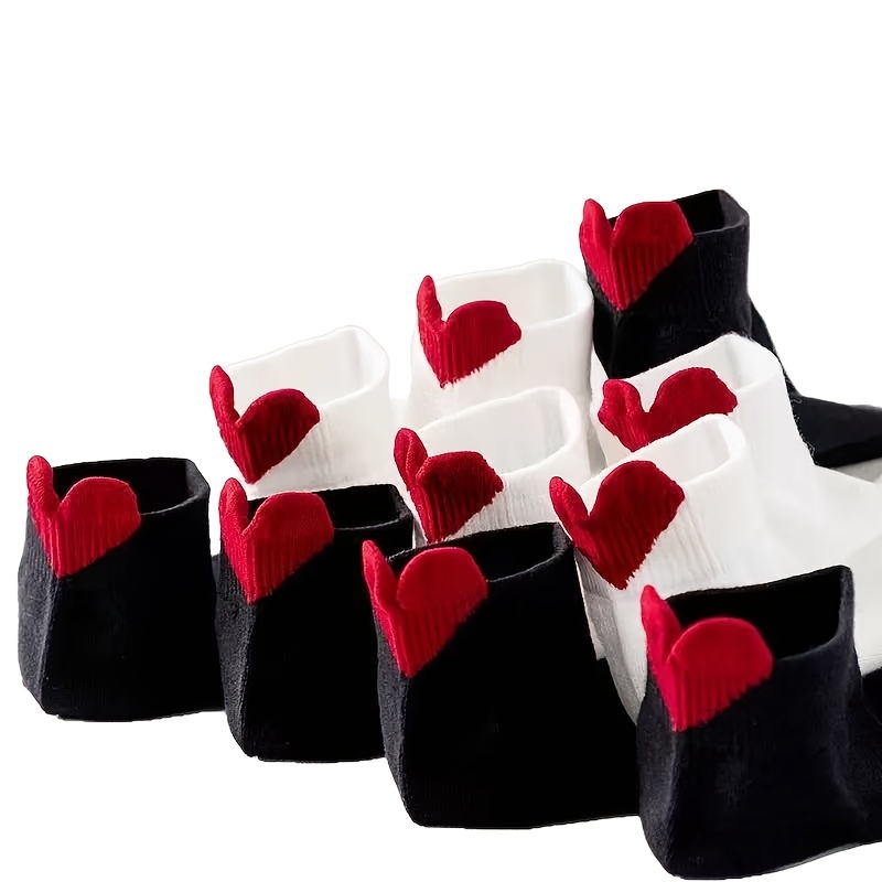 TEMU 5/10-pair Spring/summer Solid Color Korean Style Valentine's Day Women's Socks With 3d Heel Hearts, Low-cut Short Socks, College Style Women's