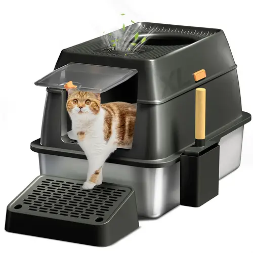 1pc extra large 48l stainless steel cat litter box with lid enclosed metal litter pan for leak proof non to clean scoop and high side fence