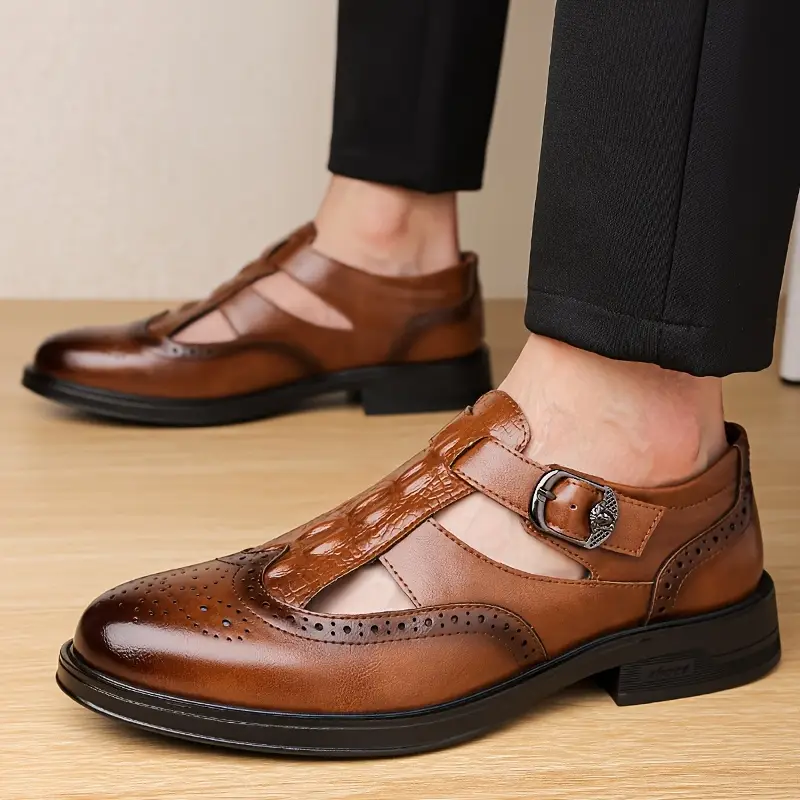 mens stylish perforated wingtip sandals casual slip on loafers with straps brown breathable design for casual attire versatile loafers fashionable sandals polished Product details 1