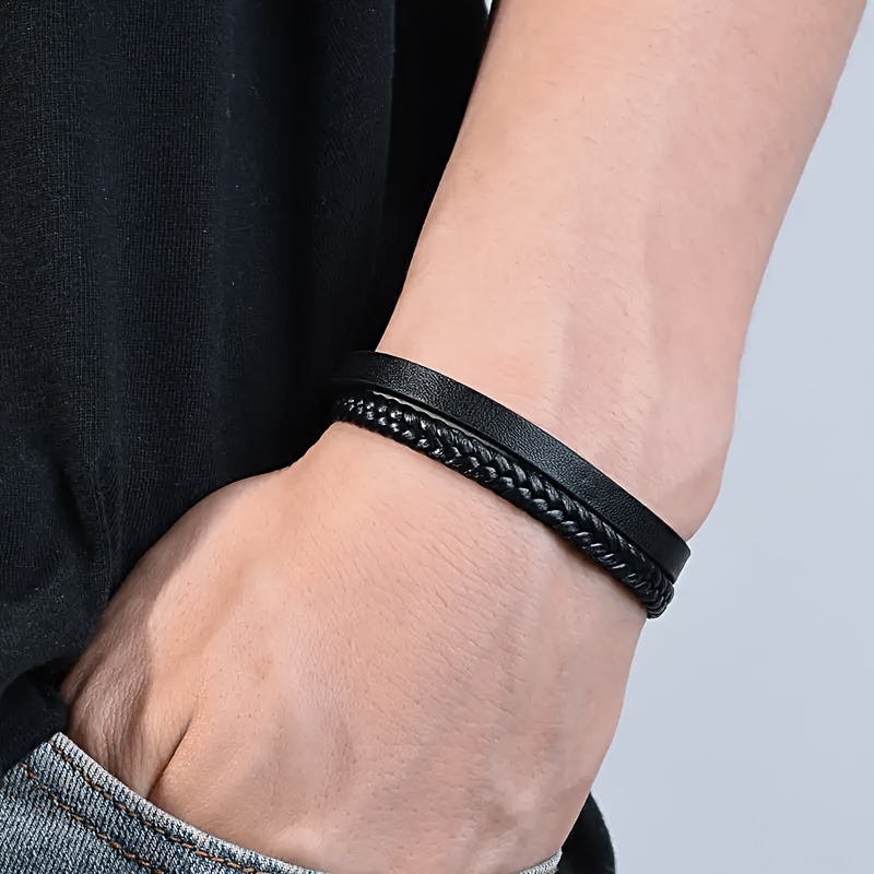 Image of 1pc Double-layer Woven Pu Bracelet For Men | Minimalist Fine Men's Bracelet | Versatile, Elegant, And Wrist Accessory