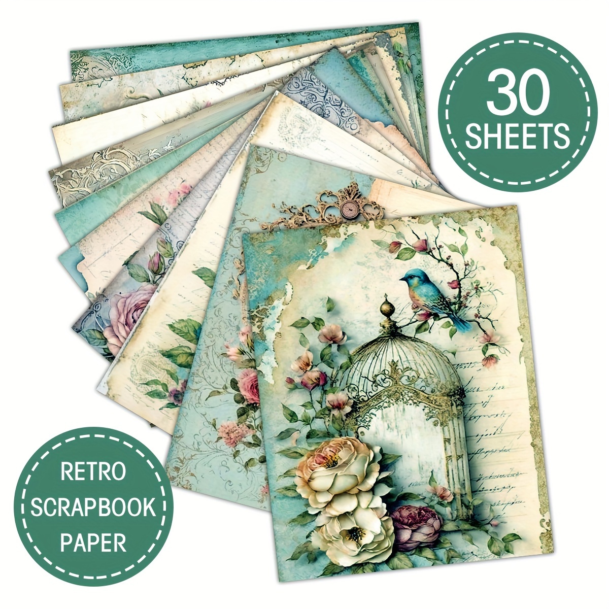 

30-pack Vintage Paper - Retro Floral & Bird Designs, Single-sided Cardstock For Card Making, Junk Journaling & Crafting, Assorted Pastel Colors, Rectangle Shape