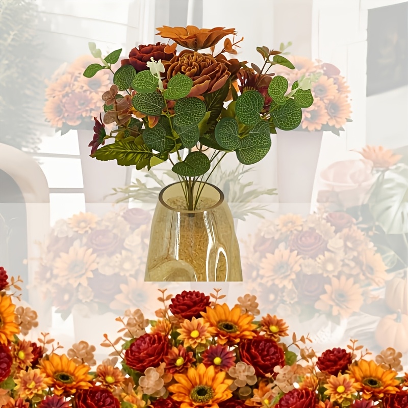 TEMU Luxury Upgraded 5pcs Autumn Warm- Mixed Artificial Bouquet, Sunflower Sunflowers Burgundy Roses Peony Red Orange Daisies Light Champagne Small