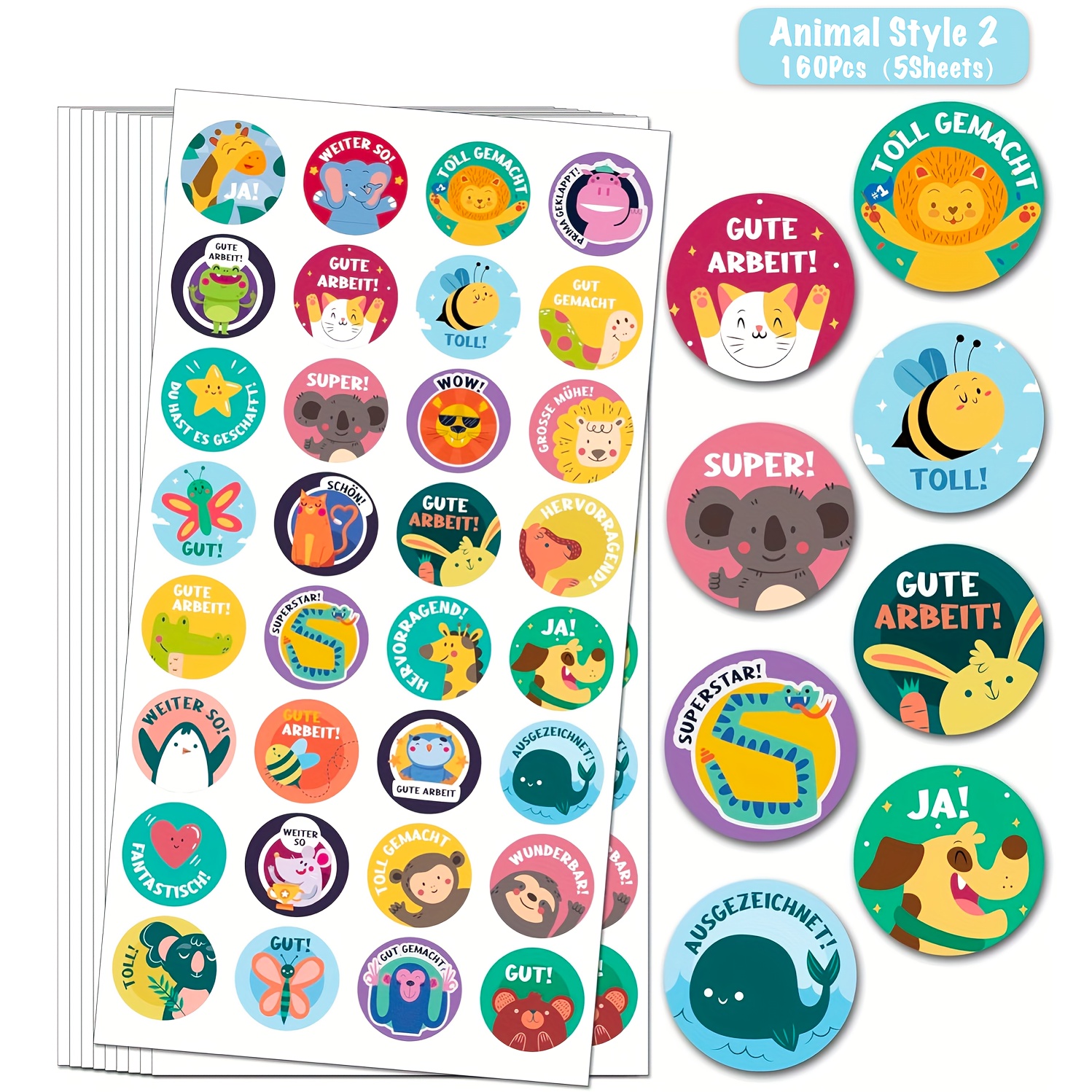 slika predmeta 160 nalepk za nagradne živali | 25 mm motivacijske samolepilne nalepke za nagrade za učitelje s 32 vzorci, nemške nalepke za nagrade, nalepke z živalmi za učiteljske potrebščine, nalepke in nalepke za kolesarjenje, potrebščine za karnevalske zabave, mešane barve, papirni material