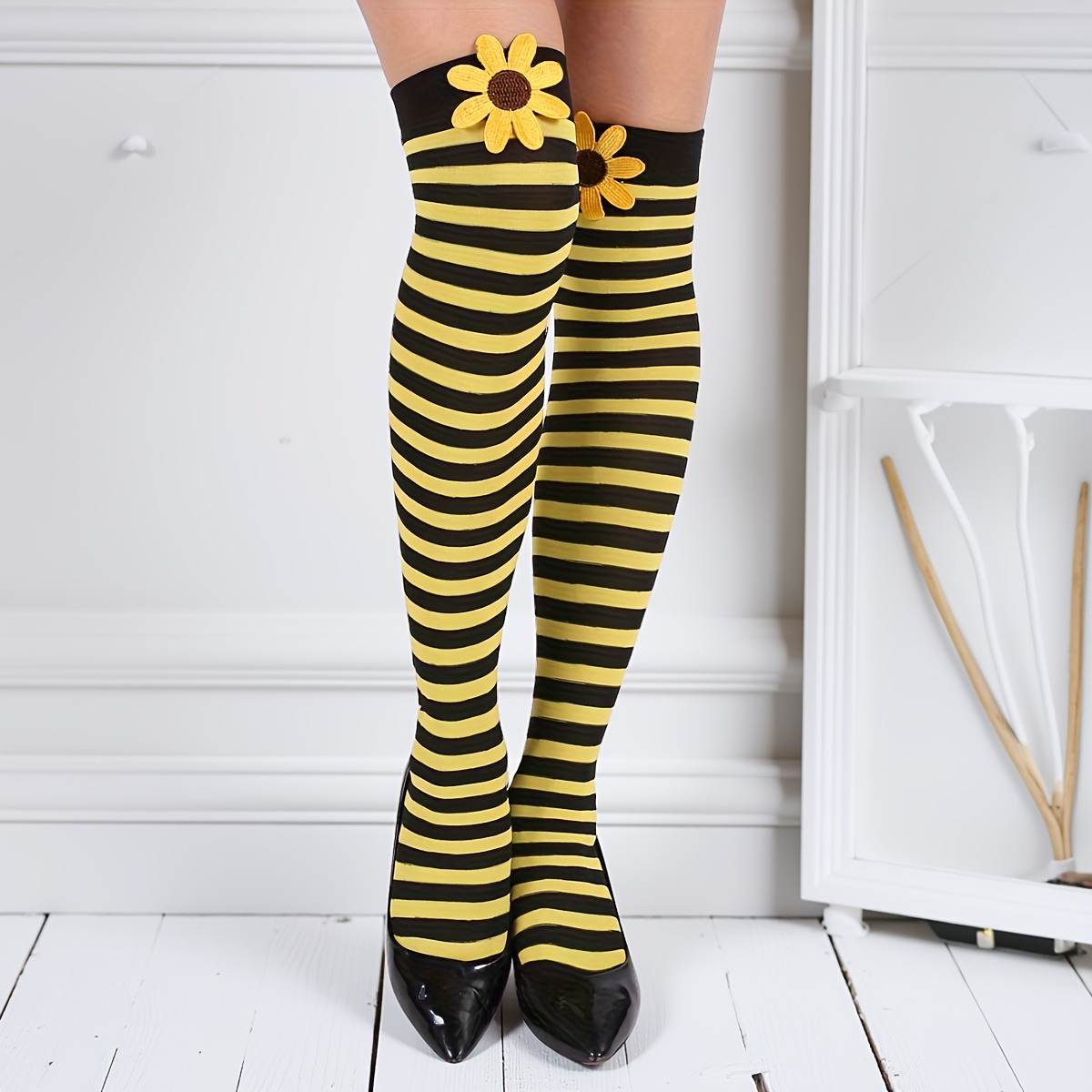 Image of 1 Pair Of Striped Printed Socks Poker Flower Stockings Party Role-playing Over-the-knee Stockings Suitable For Party Banquets