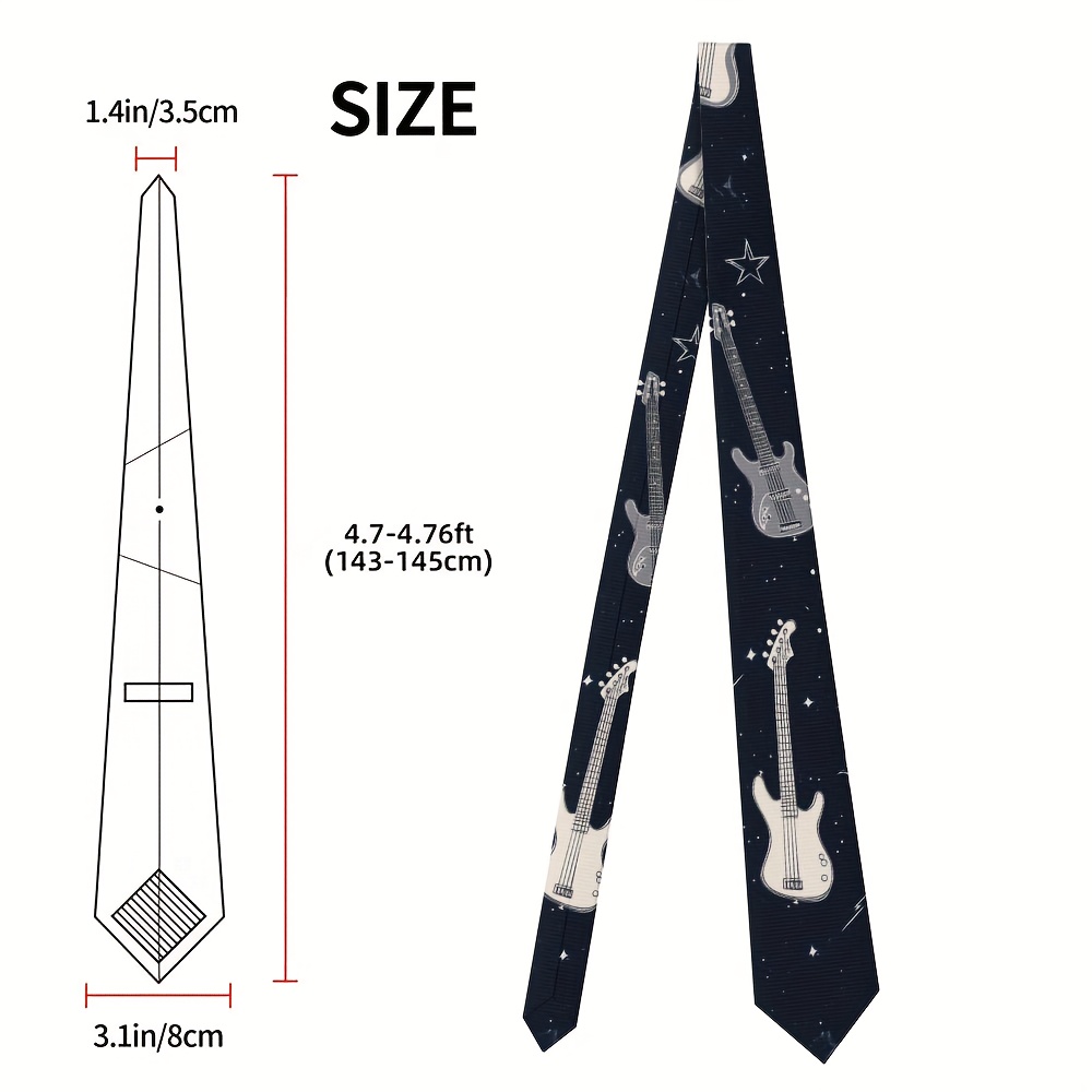 TEMU 1pc, Men's Tie With Dark Blue Guitar Print, Polyester, Stylish And Neat For Office Looks, Father's Day Gift, Or Evening Gatherings