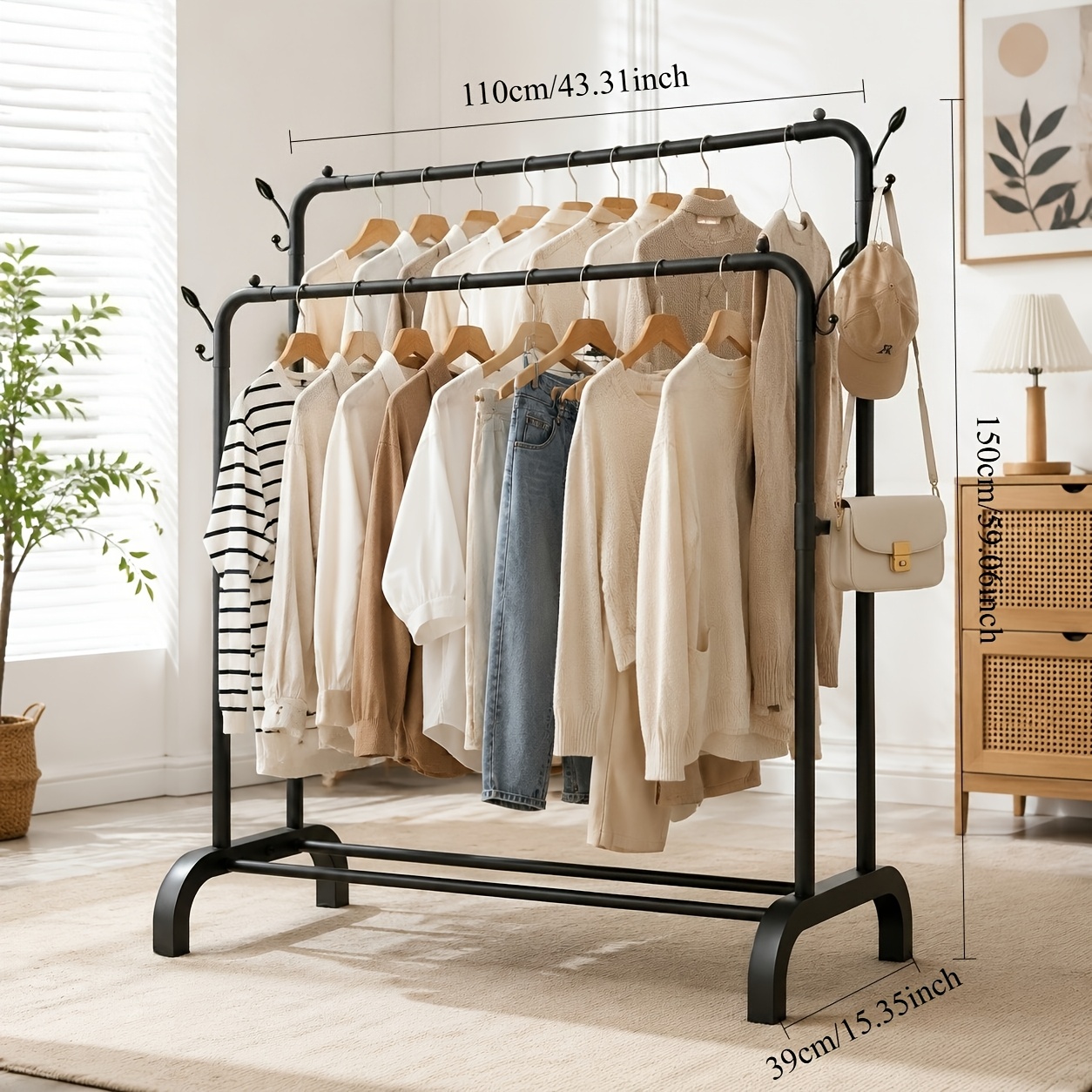 TEMU Double Rod Freestanding Metal Garment Rack With Side Hooks, U-shaped Heavy Duty Clothes Organizer, Multifunctional Clothing Storage Rack For