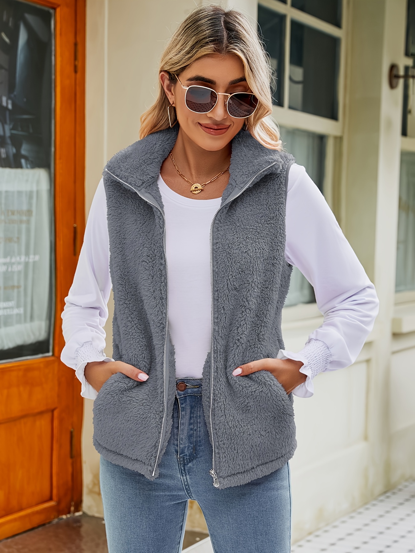 Womens Vest Fuzzy Fleece Vest Womens Lightweight Fuzzy Sherpa