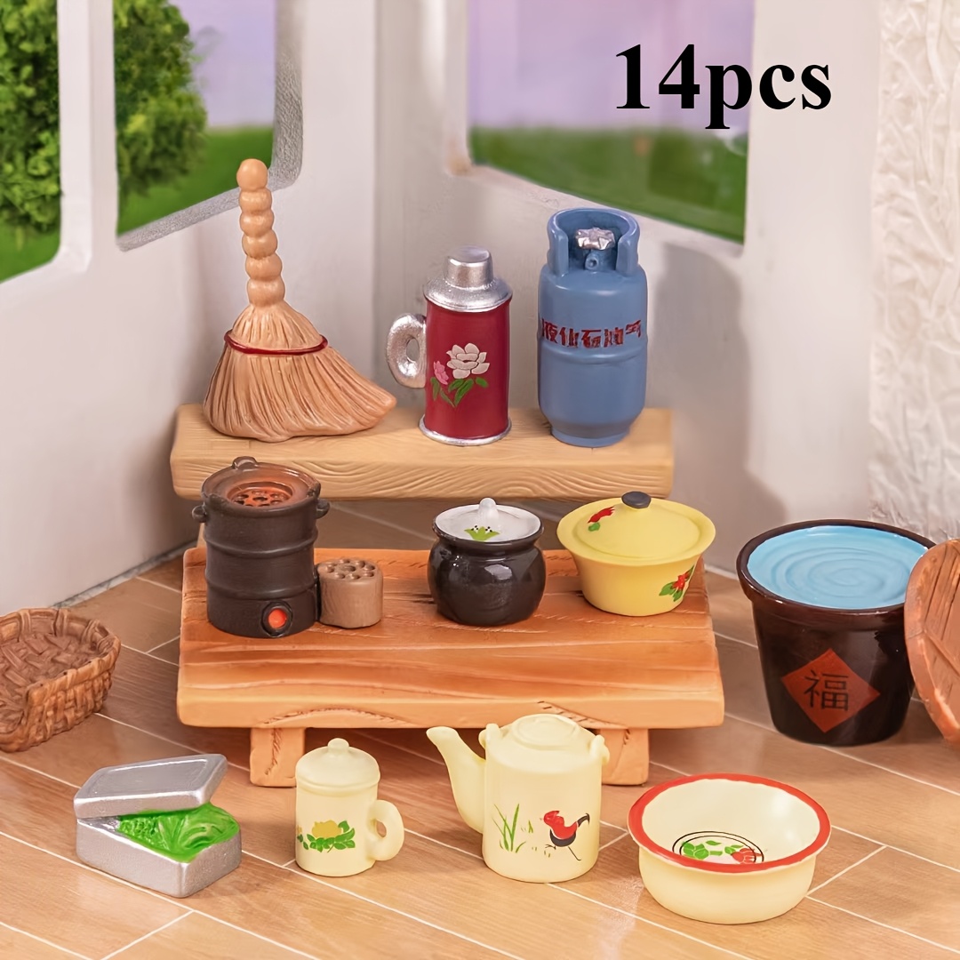 Image of 14 Vintage Era Nostalgic Daily Life Miniature Sculptures, Garden Bonsai Landscaping, Micro Landscapes, For Indoor And Outdoor Courtyards, Diy Decorative Small Ornaments