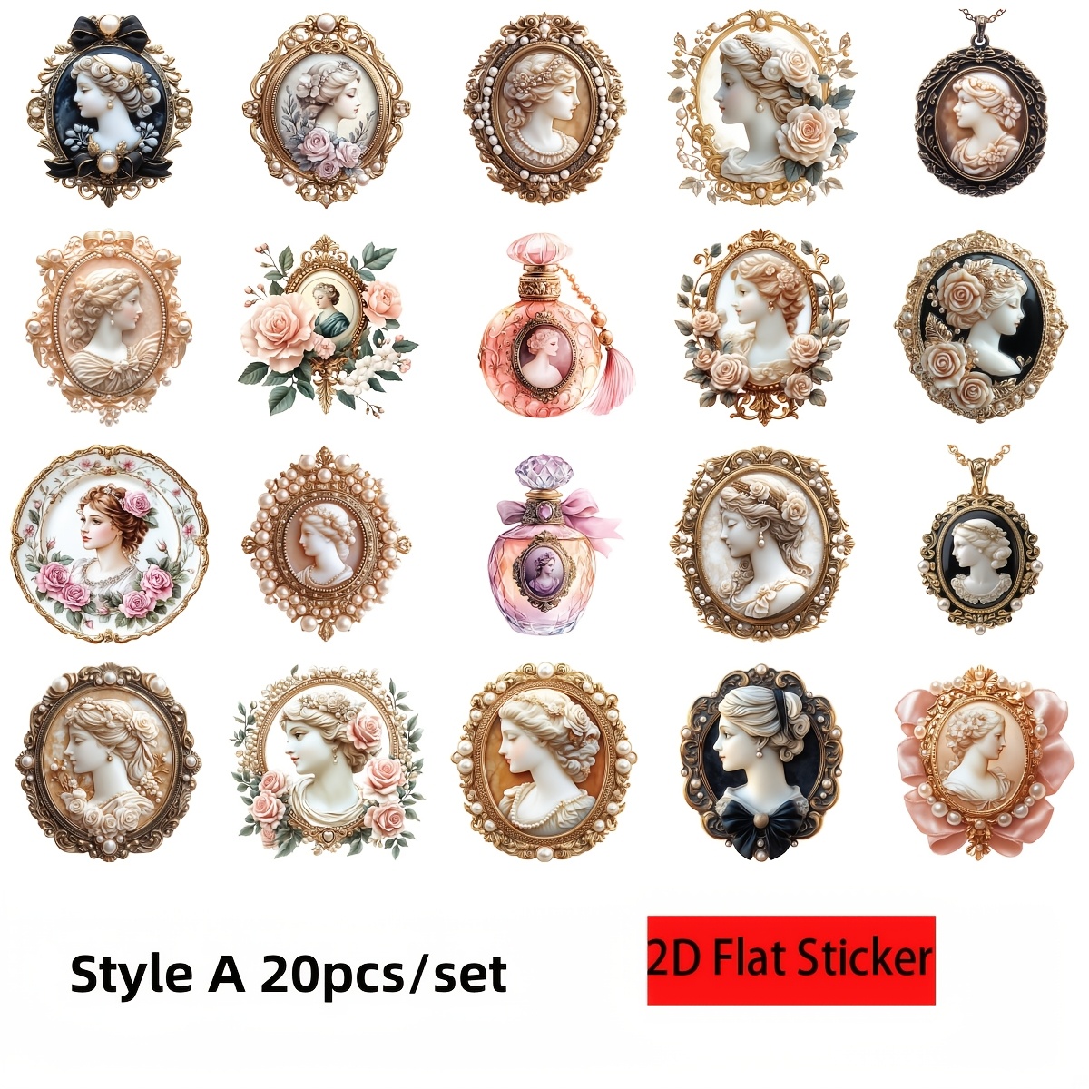 TEMU 2d Flat Sticker 20pcs/set Vintage Relief Photo Frame Perfume Bottle Series Handmade Sticker Cutting Book Sticker Decoration Luggage Case Cup