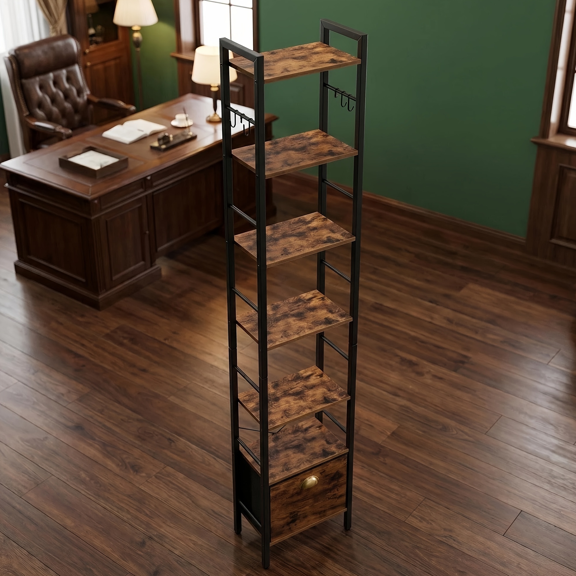 TEMU Minimalist Retro 7-tier Standing Storage Rack, Ultra-thin And Narrow Floor Standing Storage Cabinet With Fabric Drawers And Side Hanging Spaces,