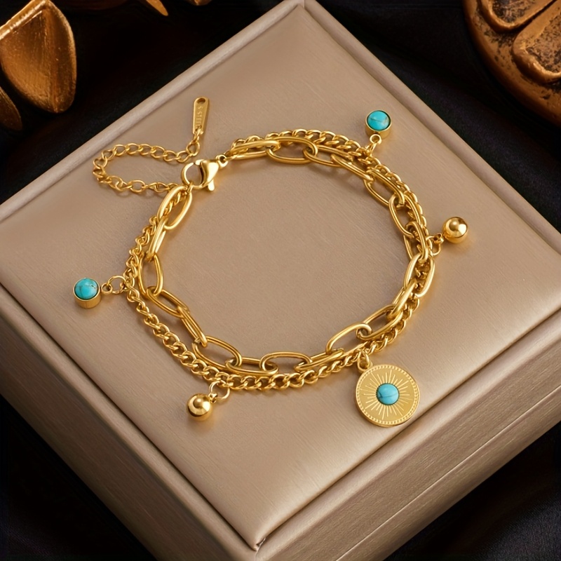 E-shop Hip Hop Rock Edelstahl Münzarmband Doppelschicht Kette Türkis Kugel Münz Anhänger Armband Mode Geschenk