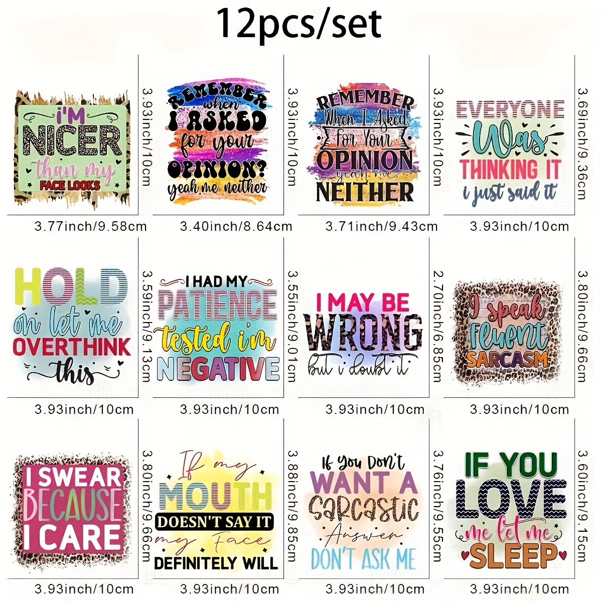 TEMU 12pcs Humorous Dtf Transfer Stickers Set - Washable, Ready To Press Vinyl Decals For Diy T-shirts, Masks, Jeans, Backpacks, Multicolor, Humorous