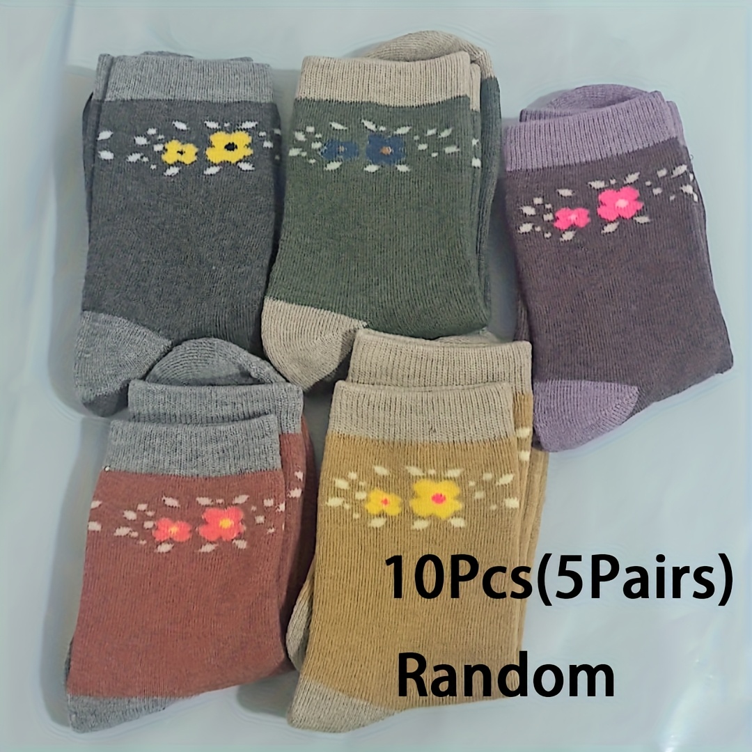 Image of 10pcs (5 Pairs) Random Color Women's Autumn/winter Socks, Thickened Winter Warm Terrycloth Socks, Vintage Terrycloth Socks