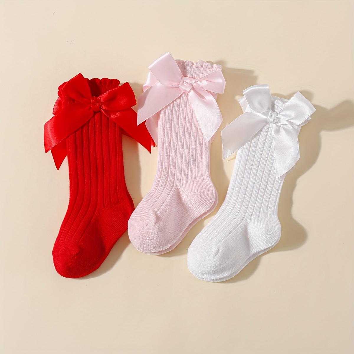 

3 Pairs Of Girl's Bowknot Doll Knitted Socks, Cotton Blend Comfy Breathable Soft Crew Socks For Outdoor Wearing