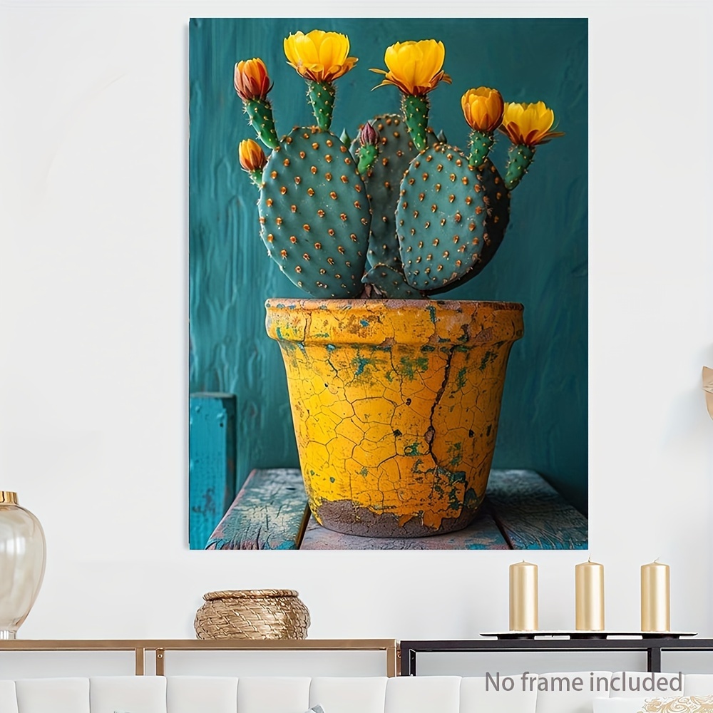 TEMU 2d Flat, Modern Cactus Print - Vibrant Yellow & Green Frameless Canvas Suitable For Living Room, Bedroom, Office Decor - Minimalist Succulent