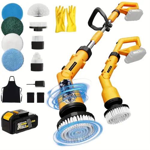 24v electric spin scrubber with adjustable extension handle 8 brush heads 1200 scrubber 2 speed settings 2000mah rechargeable battery for bathroom kitchen bathtub wall cleaning versatile cleaning machine ergonomic interchangeable heads