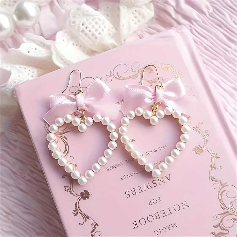 TEMU 1 Par de Adorables Aretes de con de Cinta y de Perlas, Femenino, , Aretes de