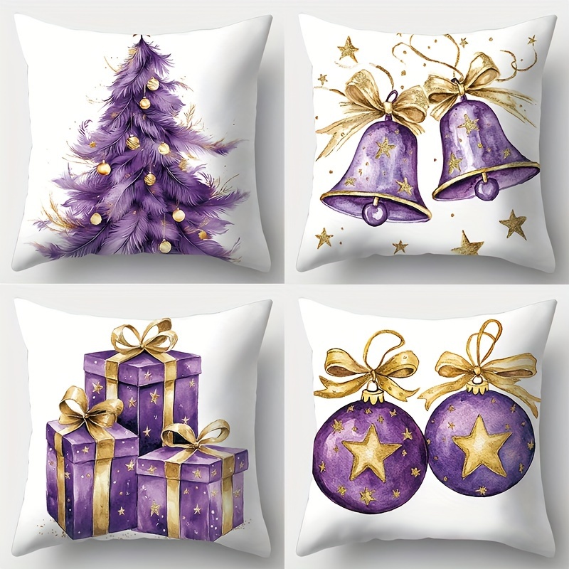 

Contemporary 4-pack Christmas Throw Cushion Covers With Tree, Bells, Gifts Design In Purple & Golden, Zippered, Polyester, Hand Wash, Woven Decorative Sofa & Living Room Accents