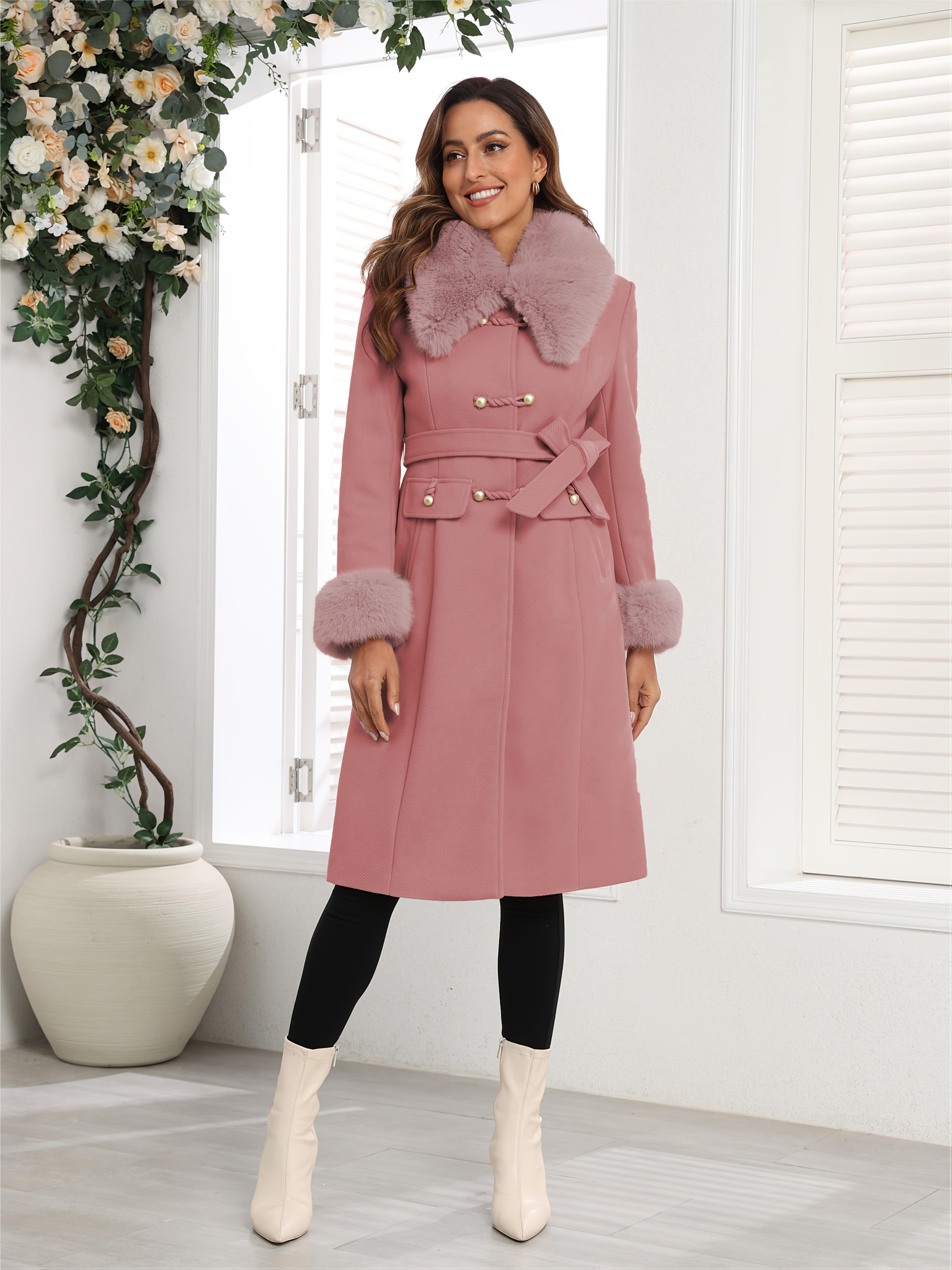 Belted Coat Pink Coat With Fur Collar And Cuffs PRADA Belted Fur