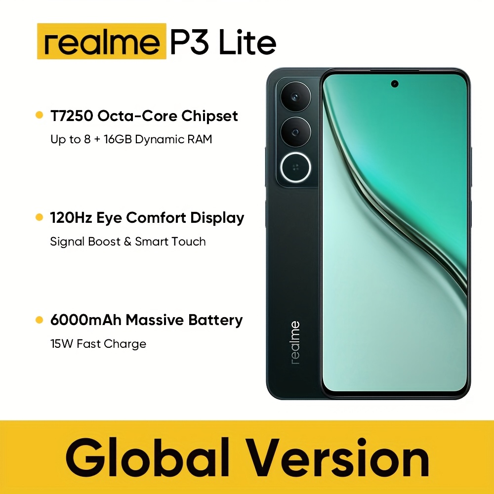 Realme P3 Lite 4G, Отключена мобилна телефони, 6GB+128GB/8GB+256GB, Глобална версия 4G LTE, Android 15 смартфон, 6.67'' LCD 120Hz дисплей, 6000mAh батерия, 50м камера, Мобилен телефон 7.79mm тънък, Без адаптер