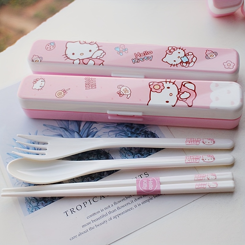 

Sanrio Hello Kitty 3pcs Abs Resin Cutlery Set In Pink/white With Case - , Cute & Students, Parties & Gifts